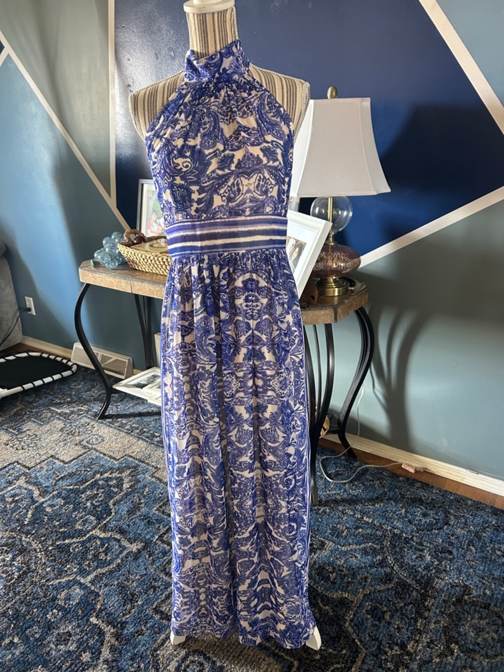 Eliza J Blue and White Halter Maxi Dress